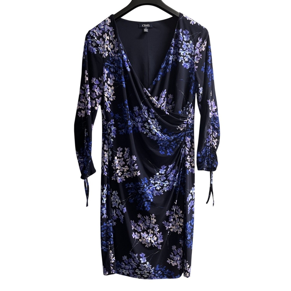 Chaps Dress Womens L Purple Floral Jersey Knit Faux Wrap Midi Spring‎ Cocktail